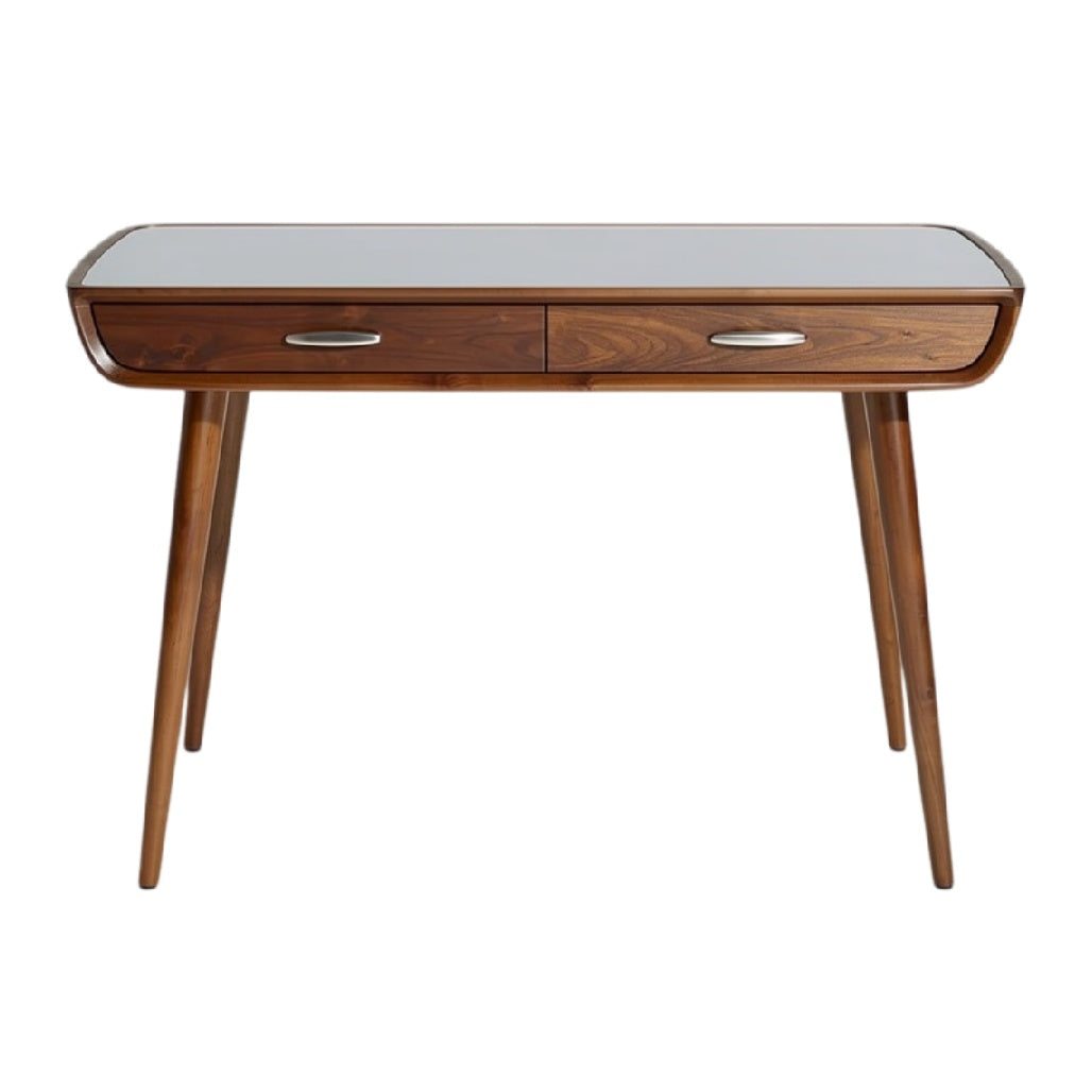 Título técnico em português: **Mesa de Escritório Moderna em Madeira com Tampo de Vidro e Gavetas**